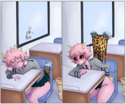 2girls 2koma animal_print animal_print_panties annoyed ashido_mina ass bare_hips bare_legs black_sclera blush boku_no_hero_academia bones_(company) boots chair classroom curvy desk gloves groin hagakure_toru heroine high_school_student in_pain invisible jacket legs leopard_print leopard_print_panties looking_back messy_hair mina_ashido my_hero_academia pain panties panty_pull pink_hair pink_skin prank school_uniform shounen_jump skirt sleeping superheroine teenage teenage_girl teenager teeth v waking_up wedgie yellow_eyes