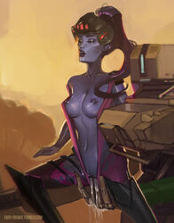 1girls absurdres areolae bastion_(overwatch) blizzard_entertainment bodysuit breasts closed_eyes exposed_breasts farv female female_only fingering highres human living_machine long_hair machine medium_breasts navel nipples omnic open_bodysuit overwatch ponytail purple_hair purple_lips purple_skin pussy pussy_juice robot solo tied_hair unzipped widowmaker