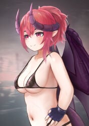 1girl 1girls absurdres bikini black_bikini breasts cleavage dimensionless88 dragon_girl dragon_horns dragon_tail dragon_wings female fingerless_gloves gloves grape_(vtuber) hair_between_eyes highres horns indie_virtual_youtuber large_breasts navel pink_eyes pink_hair pointy_ears ponytail purple_scales smile solo swimsuit tail tits virtual_youtuber vtuber wings