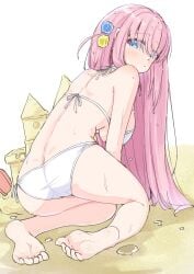 ass_focus beach bikini blush bocchi_the_rock! feet from_behind gotoh_hitori large_ass large_breasts looking_back sand sandcastle shovel soles toes white_bikini