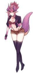 1girl 1girls black_gloves boots bra breasts brown_shorts cleavage commentary dragon_girl dragon_horns dragon_tail english_commentary female fingerless_gloves full_body gloves grape_(vtuber) highleg highleg_panties highres horns indie_virtual_youtuber jacket large_breasts looking_at_viewer mugripley navel panties pink_eyes pink_hair pointy_ears ponytail purple_horns purple_jacket purple_scales purple_tail red_bra short_sleeves shorts smile solo tail thigh_boots thighs tits underwear virtual_youtuber vtuber white_background
