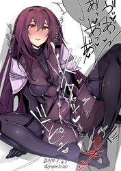 1boy ass_visible_through_thighs blush bodysuit breasts covered_navel cum dated elbow_gloves eyebrows_visible_through_hair fate/grand_order fate_(series) feet female footjob gloves hair_between_eyes heart heart-shaped_pupils long_hair no_shoes parted_lips penis purple_hair red_eyes rib:y(uhki) scathach_(fate) simple_background small_penis symbol-shaped_pupils text thighhighs translation_request twitter_username white_background