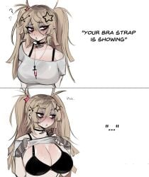 ... 1girls 2koma bare_shoulders black_bra black_hair blonde_female blonde_hair bra bra_strap_is_showing_(meme) breasts cleavage comic dokidomiki emo english_text female large_breasts light-skinned_female meme miki_(dokidomiki) original original_character shirt shirt_lift shirt_lifted_by_self short_hair simple_background solo solo_female strap_bra white_background your_bra_strap_is_showing_(meme)