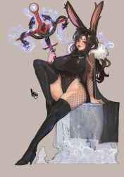 1girls arm_tattoo black_hair black_lipstick breasts breasts_bigger_than_head bunny_ears cape clothed clothed_female female final_fantasy_xiv goth goth_girl heel_boots hourglass_figure huge_breasts keziedra large_breasts leotard long_hair rabbit_ears red_eyes staff summoner tattoos thick_thighs thigh_boots thigh_tattoo thighhighs thighs thin_waist viera wide_hips ylva_nighthawk