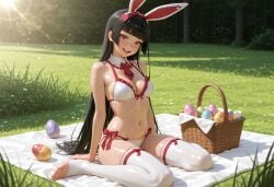 1girl :d ai_generated animal_ears bangs bare_shoulders basket black_hair blanket blunt_bangs blush bow bra breasts day detached_collar easter easter_egg egg fake_animal_ears frilled_bra frills grass hairband hime_cut kermixx lens_flare long_hair looking_at_viewer medium_breasts navel necktie no_shoes open_mouth outdoors panties rabbit_ears red_eyes rory_mercury shiny shiny_skin sitting smile solo stirrup_legwear stomach sunlight teeth thighhighs toeless_legwear toes underwear upper_teeth_only very_long_hair wariza white_bra white_panties white_thighhighs