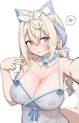 1girl animal_ear_fluff animal_ears babydoll bangs bare_shoulders blonde_hair blush braid breasts choker cleavage closed_mouth collarbone eyebrows_visible_through_hair fuwawa_abyssgard hair_between_eyes heart hololive large_breasts looking_at_viewer navel nipples purple_eyes see-through solo spoken_heart striped tail