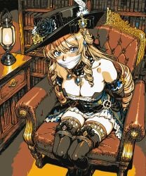 ai_generated arms_tied_behind_back blonde_hair blue_eyes blush bondage bound_legs gag gagged genshin_impact hat looking_at_viewer navia_(genshin_impact) over_the_mouth_gag sitting_on_chair