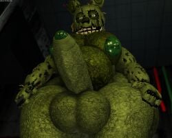 1boy animatronic anthro back_view balls belly big_ass big_balls big_butt big_moobs big_nipples big_penis butt chubby_male five_nights_at_freddy's gay green_body green_skin huge_balls huge_cock inviting machine moobs muitetul nipples nude penis penis_focus presenting rabbit robot solo solo_focus springtrap_(fnaf) teasing