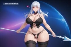 1girl ai_assisted ai_generated bedroom black_background black_lingerie black_thighhighs blush curvaceous_body curvaceous_hips curvaceous_thighs curvy detailed_face f final_fantasy_xiv floating_hearts futa_is_smaller gray_skin half_closed_eyes heart_shaped_pupils heart_symbol high_quality holding_polearm holding_weapon hourglass_body huge_breasts huge_hips huge_thighs lace_panties lace_thighhighs large_breasts large_thighs looking_at_viewer massive_thighs night outer_space pale_skin panties_bulge parted_lips perfect_body pink_eyes seductive_eyes sexy_pose shiny_skin shy small_balls small_penis_futa space space_background thick_hips thick_legs thick_thighs thighs thighs_bigger_than_head tsundere voluptuous white_hair wide_hips window