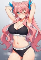 ai_generated big_breasts calvin_klein maria_cadenzavna_eve pink_hair senki_zesshou_symphogear steamy_breath sweat underwear wavy_hair winking_at_viewer