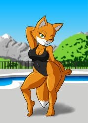 anthro black_swimsuit breasts brutal_paws_of_fury cleavage fox fox_ears fox_girl fox_tail foxy_roxy furry green_eyes looking_at_viewer one-piece_swimsuit one_piece_swimsuit pool posing posing_for_the_viewer seductive seductive_smile tagme tansau vixen wide_hips