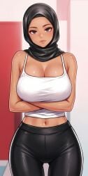 1girl 1girls ai_assisted ai_generated arabian cleavage female female_focus female_only freckles freckles_on_breasts freckles_on_chest freckles_on_face hijab hijabi lipgloss pencil_skirt sportswear tank_top tanned tanned_female tanned_skin