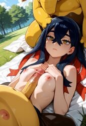 ai_generated carmine_(pokemon) defeated drowzee empty_eyes hoipo hypnotized mind_control nude on_back paizuri pokemon small_breasts submissive