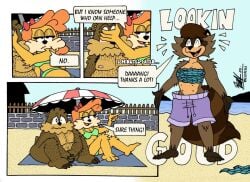 1boy 2girls anthro beach chubby covering embarrassed embarrassed_nude_male female furry male nude vicky_(why2kz) why2kz