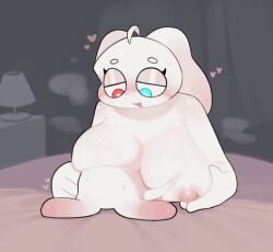 cute fog head_under_breasts heart holding_breast rabbit rabbit_humanoid smothering_breast southway sweat sweating white_fur