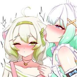 2girls ahoge animal_ears aroused blue_eyes braid cgator collarbone densetsu.exe dress ear_licking ears female ferret_ears ferret_girl green_dress green_eyes green_hair green_hairband hairband highres indie_virtual_youtuber laimu lesbian licking long_hair mint_fantome multiple_girls one_eye_closed open_mouth simple_background tongue tongue_out twin_braids virtual_youtuber vtuber white_background white_hair yuri