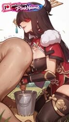 1girl 2026 ai_generated artist_name beidou_(genshin_impact) boobs breasts brown_hair bust chest genshin_impact hair_ornament hi_res high_quality highres lactation patreon patreon_username pinkname sweat tits watermark