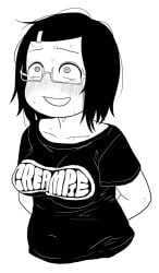 1girl artist_name artist_request belly blush breasts clothed_navel english full-face_blush glasses hair_ornament hairclip monochrome navel nervous open_mouth plump semi-rimless_glasses short_hair simple_background smile sweat under-rim_glasses upper_body white_background