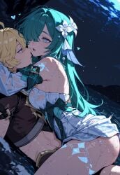1boy 1girls aether_(genshin_impact) ai_generated artist_name blonde_hair holding horny_female long_hair mihoyo pleasure_face sex straight