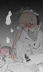 1boy 1girls blue_archive blush creampie cum cum_in_pussy cum_inside female halo hifumi_(blue_archive) ki_no_nekko koharu_(blue_archive) male penetration pink_hair sex sex_next_to_sleeping_person sleeping trinity_general_school_student