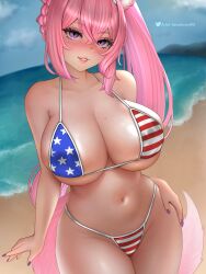 1girl 1girls american_flag american_flag_bikini american_flag_print animal_ears bare_shoulders beach big_ass bikini blush braid breasts busty cleavage commentary curvy english_commentary female flag_print flag_print_bikini fox_ears fox_girl fox_tail hair_between_eyes hanael_ward hanaelward03 highres huge_breasts indie_virtual_youtuber looking_at_viewer massive_breasts meicha_(vtuber) mole mole_on_breast mole_on_stomach mole_under_eye multiple_moles ocean outdoors pink_hair ponytail print_bikini purple_eyes purple_nails sand smile stomach swimsuit tail thick_thighs thighs tits virtual_youtuber vtuber water wide_hips