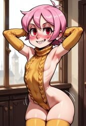 ai_generated eyepatch flat_chest hands_behind_head motion_lines narrow_waist nose_blush pear-shaped_figure pelvic_line pink_hair pussy_visible_through_clothes red_eyes short_hair sideless_outfit skullgirls sleeves thick_thighs thighhighs turtleneck umbrella_(skullgirls) virgin_killer_sweater wide_hips yellow_clothing