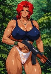 abs ai_generated athletic_female cameltoe civitai erect_nipples fit_female gun gundam gundam_08th_ms_team jakespicer34 karen_joshua panties tanktop white_panties