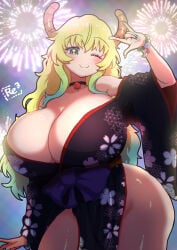 bare_shoulders blush cleavage closed_mouth collarbone curvy fireworks gesture green_nails happy looking_at_viewer lucoa night one_eye_closed ozrereresan painted_nails side_slit smile thick_thighs voluptuous wide_hips