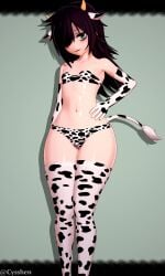 1girls 2026 3d 3d_(artwork) aged_up black_hair cow_print cyshen eyebags female female_only flat_chest flat_chested green_eyes hand_on_hip kuroki_tomoko long_gloves tagme thighhighs watashi_ga_motenai_no_wa_dou_kangaetemo_omaera_ga_warui!