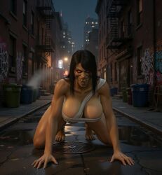 1girls ai_generated all_fours bandages big_breasts breasts female female_only mileena mileena_(mk9) monster_girl mortal_kombat mortal_kombat_(2011) sharp_teeth solo solo_female tarkatan