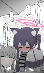 1boy 2girls abydos_high_school_student black_hair blowjob blue_archive blush cat_ears cum cum_in_mouth fellatio female halo ki_no_nekko oral penis serika_(blue_archive) serika_(swimsuit)_(blue_archive) shiroko_(blue_archive) shiroko_(swimsuit)_(blue_archive)