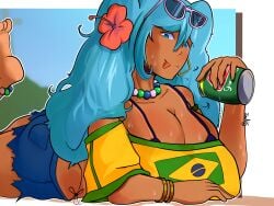 1girl 1girls :p big_boobs big_breasts blue_eyes blue_hair bra bra_strap brazilian brazilian_female brazilian_flag brazilian_flag_print brazilian_miku exposed_shoulders fat_tits feet feet_up foot foot_fetish guarana_antarctica hatsune_miku huge_boobs huge_breasts huge_tits jewelry jinaarts_(artist) jorts large_boobs large_breasts large_chest large_tits long_hair long_hair_female looking_at_viewer miku_hatsune shorts sunglasses sweat sweatdrop sweating sweaty sweaty_body tanned tanned-skinned_female tanned_body tanned_female tanned_skin tanned_skinned_female twintails