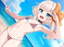 1girl 1girls :d absurdres american_flag american_flag_bikini american_flag_print arm_up armpits artist_name bare_arms bare_shoulders beach bikini black_choker blonde_hair blue_eyes blue_sky blush bow cameltoe chenki chenki_(chenki) choker cloud collarbone cowboy_shot day dutch_angle female flag_print flag_print_bikini flat_chest fourth_of_july groin hair_bow hand_up highres horizon light_blush long_hair looking_at_viewer marimari_en micro_bikini navel ocean open_mouth orange_bow outdoors outline phase_connect print_bikini salute side-tie_bikini_bottom side_ponytail sky smile solo stomach string_bikini swimsuit teeth thick_eyebrows twitter_username upper_teeth_only virtual_youtuber vtuber water white_outline