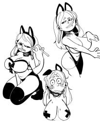 2018 2d_(artwork) beauty_mark_on_breasts big_breasts blush bra cat_ears cat_headband cigarette cigarette_in_hand clavicle cleavage convenient_censoring earrings headband headwear line_art long-haired_female mangneto navel neckwear nipple_pasties panties socks sweatdrop sweating thighhighs topless_female underwear