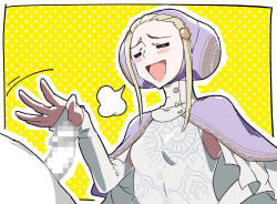 1boy 1girl =_= blonde_hair blush_stickers border capelet censored closed_eyes commentary_request dress elbow_gloves erection escoffion fingerless_gloves gloves guimpe hand_up highres humiliation ingrid_(capcom) mosaic_censoring open_mouth out_of_frame outside_border penis polka_dot polka_dot_background puff_of_air purple_capelet raised_inner_eyebrows short_hair sidelocks sleeveless sleeveless_dress small_penis small_penis_humiliation smile smug street_fighter street_fighter_6 touniyuu upper_body white_border white_dress white_gloves yellow_background