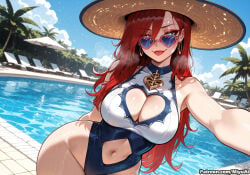 1girl ai_assisted ai_generated beach blue_eyes blue_sky blue_swimsuit breasts cleavage cleavage_cutout cloud curvaceous curvy curvy_female curvy_figure day earrings female hat highleg highleg_swimsuit jewelry large_breasts league_of_legends long_hair looking_at_viewer miss_fortune_(league_of_legends) miyuai navel navel_cutout one-piece_swimsuit open_mouth outdoors palm_tree pool pool_party_miss_fortune pool_party_series poolside red_hair sky smile solo sunglasses swimsuit thick thick_ass thick_butt thick_hips thick_legs thick_thighs thighs tree voluptuous voluptuous_female water wet wide_hips wide_thighs