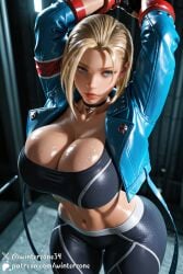 ai_generated big_breasts blonde_hair blue_eyes cammy_white cammy_white_(street_fighter_6) cleavage fanart female female_focus female_only navel short_hair stable_diffusion street_fighter street_fighter_6 street_fighter_v thick_thighs winterzone
