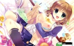 1girl bra breast_hold breasts breasts_out brown_hair clothed exposed_breasts highres kimi_e_okuru_sora_no_hana large_breasts nipples nishizono_kanna open_bra open_shirt pillow school_uniform seifuku shirt short_hair sitting skirt stuffed_animal thighhighs wavy_hair yukie