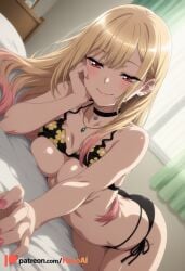 1girl ai_generated artist_name ass barbell_piercing bare_shoulders bed bikini black_bikini black_choker blonde_hair blush breasts choker cleavage closed_mouth collarbone colored_tips curtains dutch_angle ear_piercing earrings fake_nails fingernails floral_print gradient_hair gyaru half-closed_eyes hand_on_own_face hexogen indoors jewelry kitagawa_marin large_breasts long_fingernails long_hair looking_at_viewer lying medium_breasts multicolored_hair nail_polish necklace on_bed patreon_username piercing pink_hair pink_nails print_bikini red_eyes side-tie_bikini_bottom smile solo sono_bisque_doll_wa_koi_wo_suru swimsuit