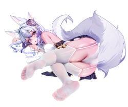 1girl absurdres animal_ear_fluff animal_ears commentary dress feet foot_focus foreshortening full_body garter_straps highres legs long_hair looking_at_viewer no_shoes original panties presenting_foot purple_eyes purple_hair shangtianrudi_xiaobailang skirt soles tail thighhighs toes underwear white_hair white_thighhighs wolf_ears wolf_girl wolf_tail