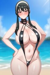 ai_generated big_breasts bikini black_hair blush huge_breasts looking_at_viewer red_eyes spy_x_family swimsuit thick_thighs thighs yor_briar yor_forger