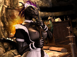 3d anthro argonian female lifts-her-tail maid_uniform muetank nipples scalie skyrim source_filmmaker the_elder_scrolls topless uniform