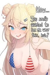 1girls absurdres american_flag american_flag_bikini american_flag_print bare_shoulders bikini black_bikini blonde_hair blue_eyes breasts cleavage double_bun female flag_print flag_print_bikini hair_bun hair_ornament hairclip highres kaneko_lumi large_breasts looking_at_viewer matoi_miia open_mouth phase_connect print_bikini sideboob skindentation star_(symbol) stomach striped_clothes swimsuit tits virtual_youtuber vtuber