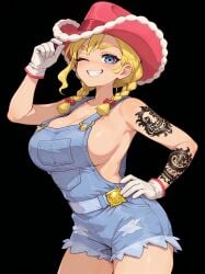 1girls ai_generated big_breasts blonde_hair blue_eyes braids civitai cowboy_hat gloves huge_breasts kitt_(pokemon) looking_at_viewer naked_overalls pokemon pokemon_champions solo tattoo tattooed_arm wink winking_at_viewer