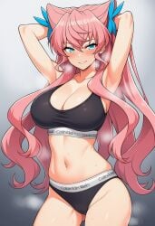 ai_generated big_breasts calvin_klein maria_cadenzavna_eve pink_hair steamy_breath sweat underwear wavy_hair