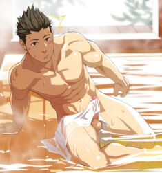 abs bara bath blush brown_eyes brown_hair bulge erection hot_tub human itto_(mentaiko) looking_at_viewer male male_only muscle nipples onsen pecs penis sangokushi_puzzle_taisen solo_focus sun_quan sweat testicles towel water