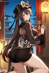 1girl ai_generated ass black_headwear black_nails black_shorts blush breasts brown_hair chinese_clothes closed_mouth digitalwaifugallery flower flower-shaped_pupils genshin_impact hat hat_flower hi_res high_quality high_resolution hu_tao_(genshin_impact) jewelry kneeling long_hair long_sleeves looking_at_viewer looking_back medium_breasts nail_polish night patreon plum_blossoms porkpie_hat red_eyes ring seductive sexy short_shorts shorts smile solo symbol-shaped_pupils thighs twintails uncensored very_long_hair watermark