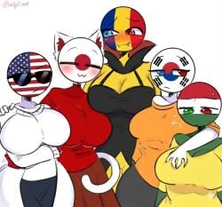 cat_ears cat_tail countryhumans countryhumans_girl fangs hungary_(countryhumans) japan_(countryhumans) kak0yt0_chel_style romania_(countryhumans) south_korea_(countryhumans) sunglasses united_states_of_america_(countryhumans) vampire_costume vampire_girl yellow_pussy