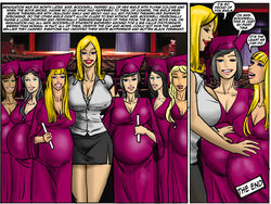 blonde_hair breasts clothing english_text female female_only graduation human illustrated-interracial large_breasts multiple_girls multiple_pregnancies pregnant skirt teacher text