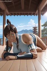 1girl ai_generated armband armlet blue_eyes blue_sky brown_hair cloud dark_skin day hair_tubes hi_res high_quality high_resolution korra looking_at_viewer lying patreon patreon_username seductive sexy short_shorts shorts sky solo spicytoonai the_legend_of_korra uncensored watermark web_address